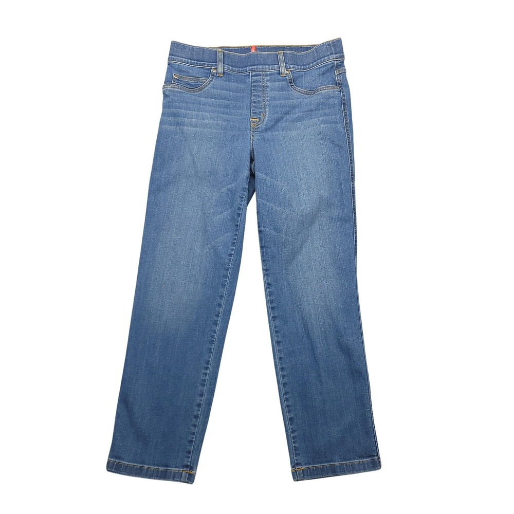 Spanx Jeans Womens L Petite Blue Medium Wash Mid Rise Straight Stretch Denim